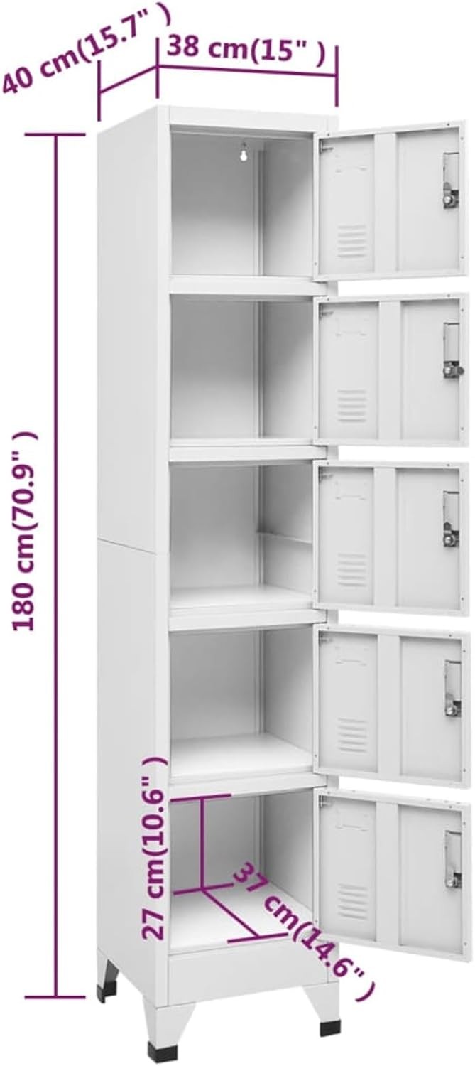 5 Door Grey Metal Locker Cabinet Lockable Steel Storage Cupboard Office Gym