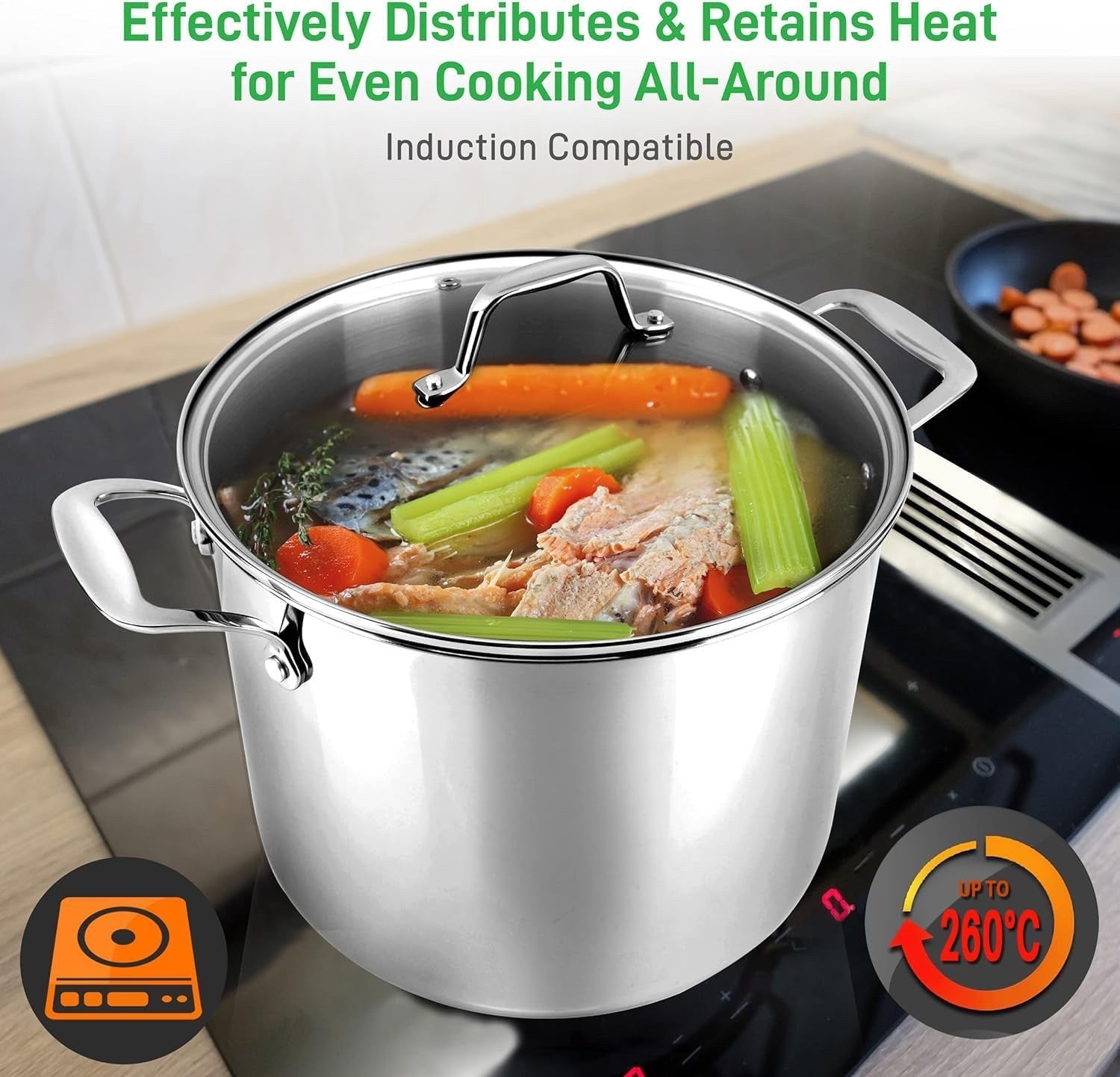 7.6L Stainless Steel Stock Pot with Glass Lid Induction Ready Heavy Duty Soup