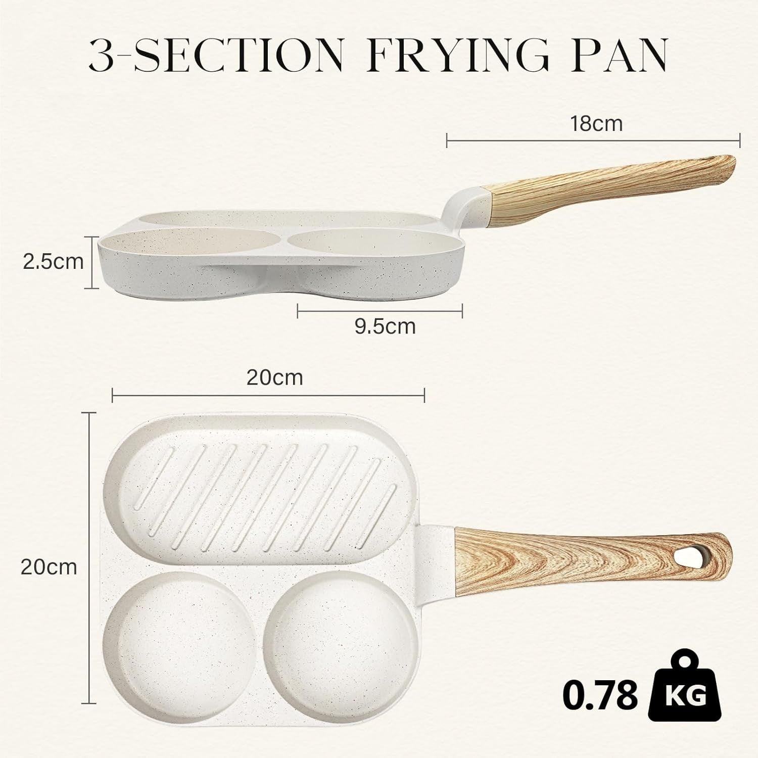 3-Cup Non-Stick Egg Pan Granite Omelette Skillet, White Multi-Section Pan
