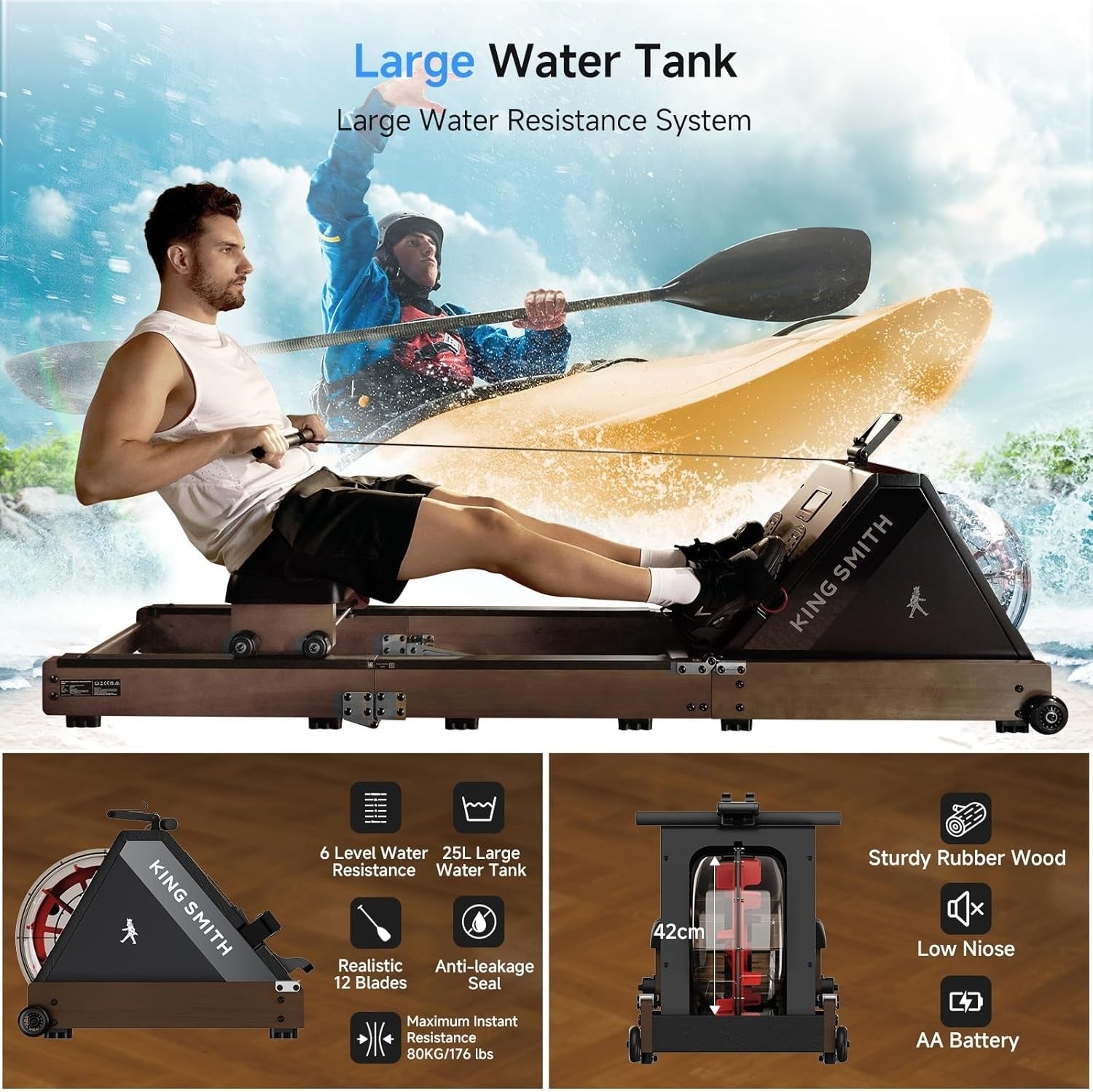 Triple-Folding Water Rowing Machine 6-Level Resistance LCD App Rower 150KG