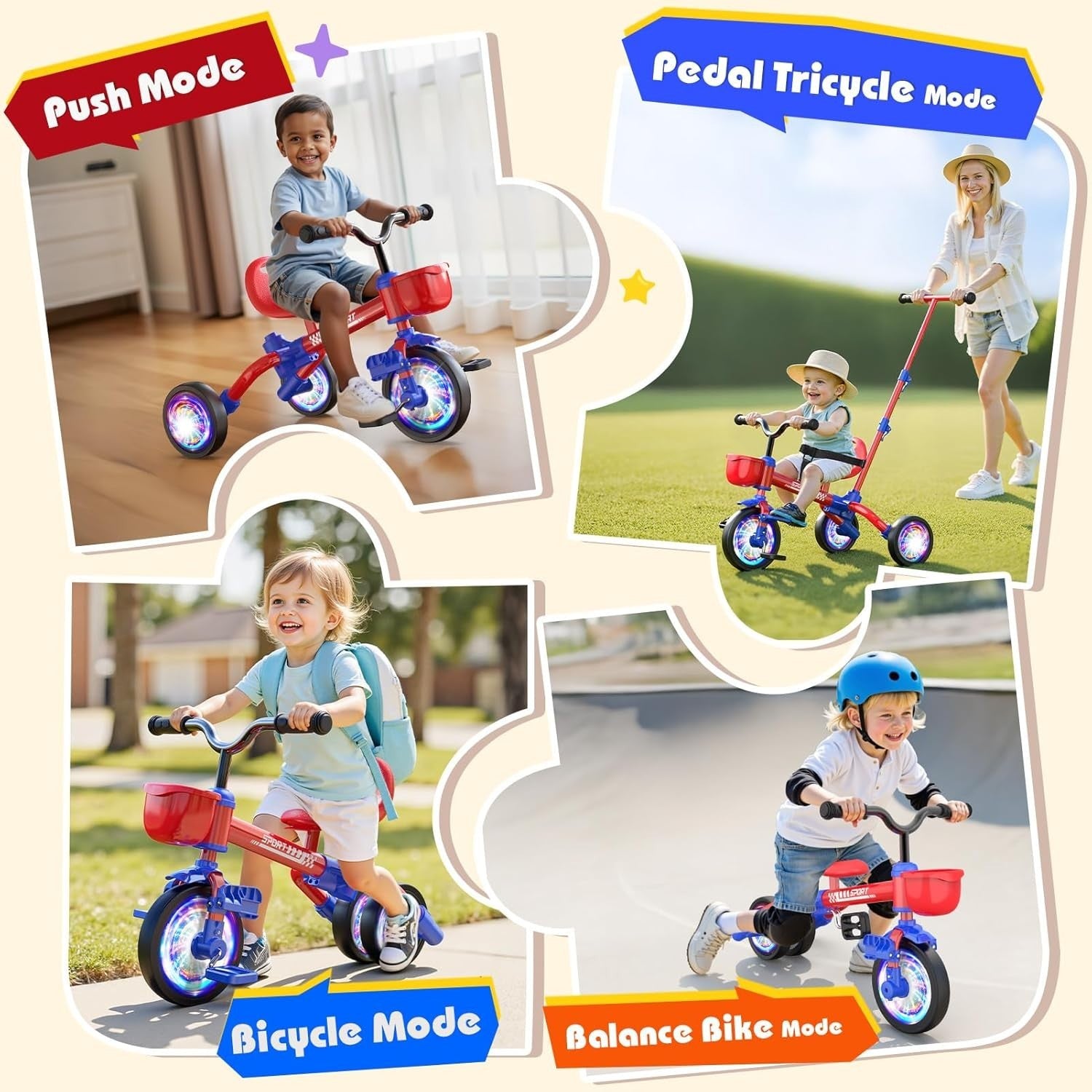 5 in 1 Toddler Tricycle Balance Bike Push Handle Adjustable Seat