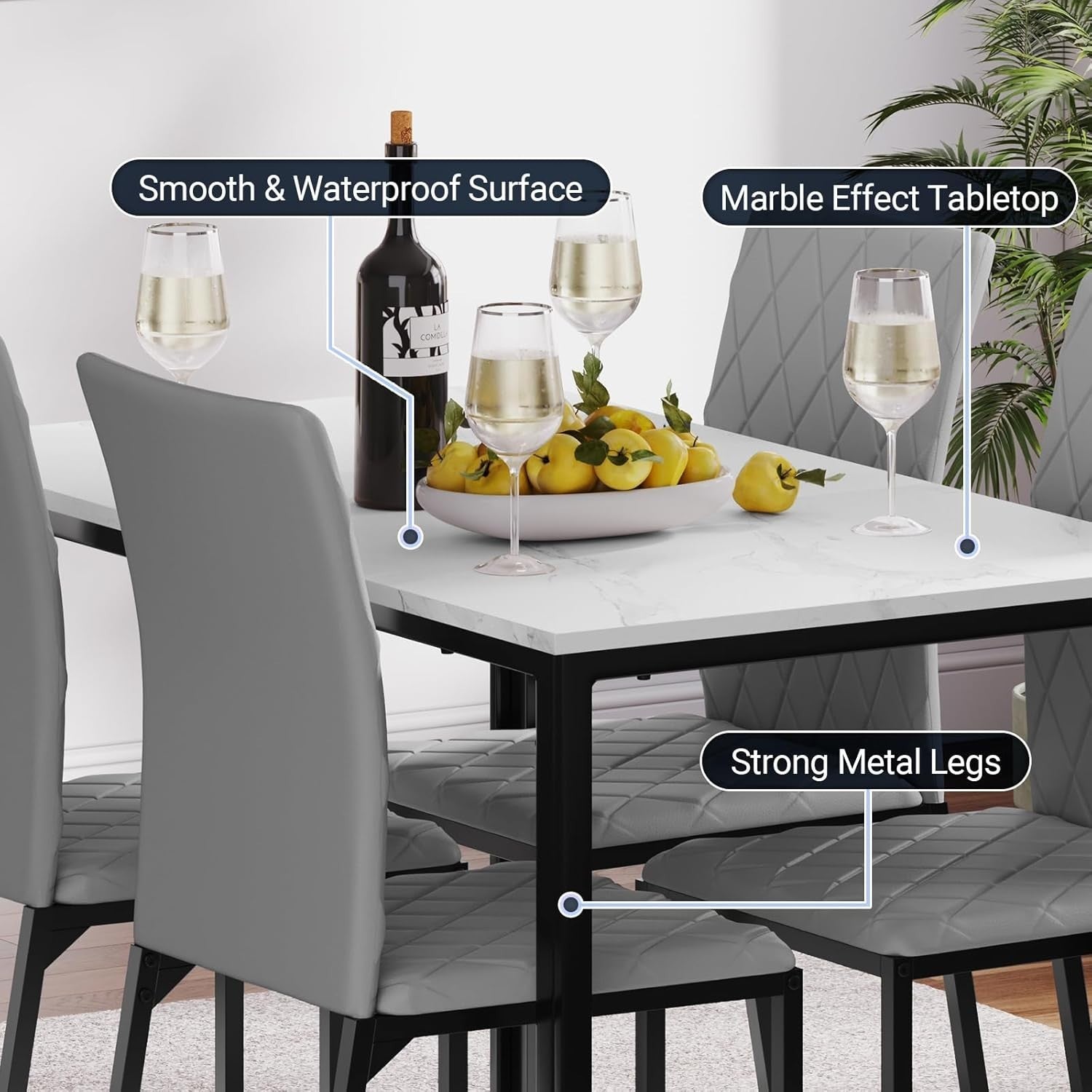 Modern Marble Dining Table Set 4 PU Leather Chairs Grey Kitchen Furniture