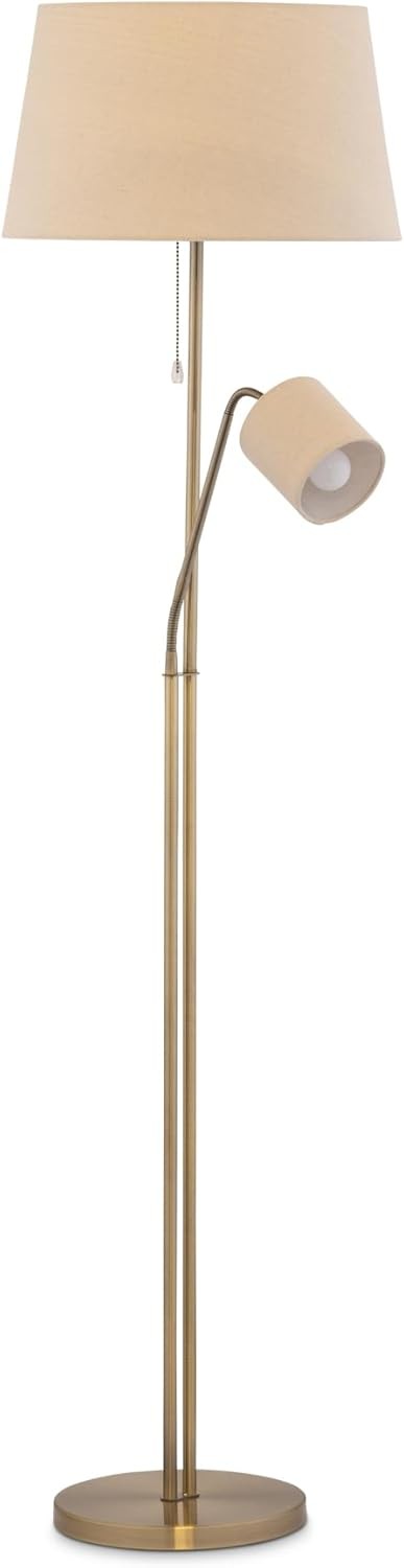 Mother & Child Floor Lamp Brass Linen Shades Dual Light Reading Standing