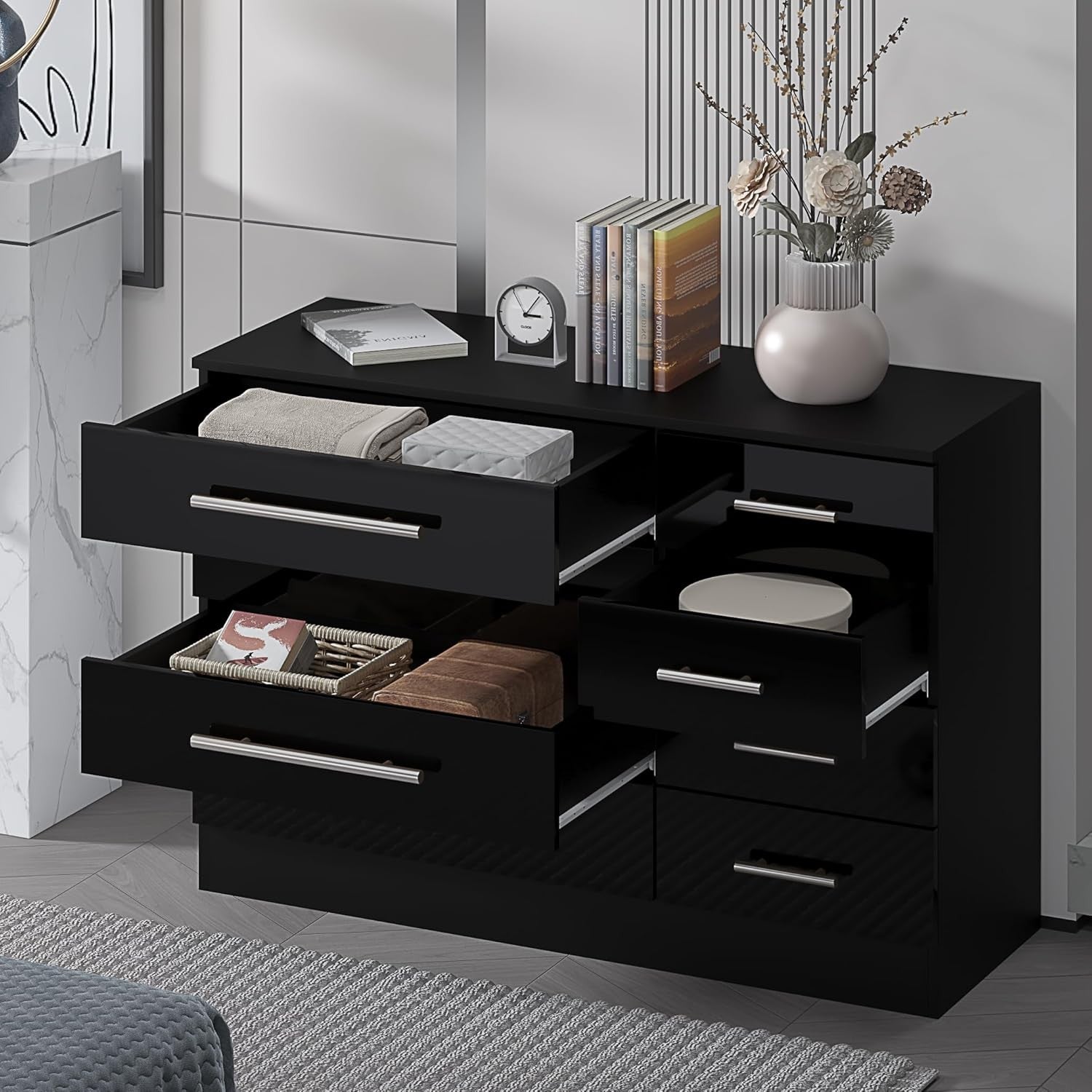 8 Drawer Black High Gloss Chest of Drawers Modern Bedroom Storage Cabinet