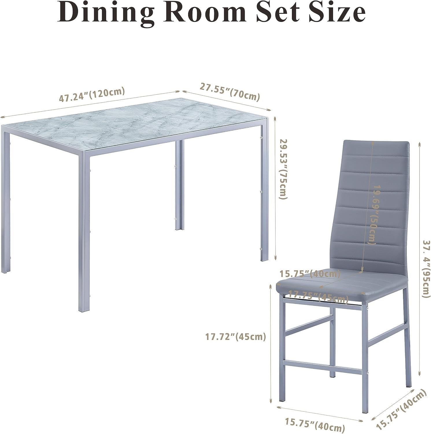 5PC Grey Marble Glass Dining Set with PU Leather Chairs Compact Table