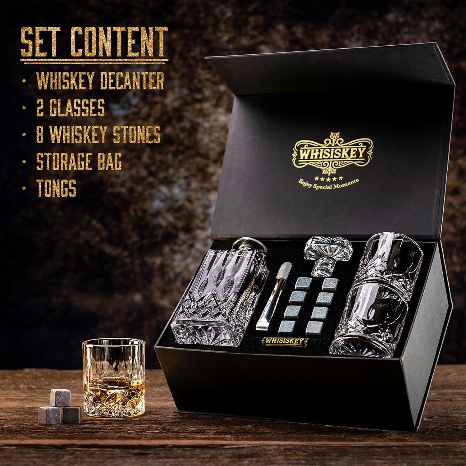 700ml Whiskey Decanter Gift Set with Glasses Stones Tongs in Luxury Gift Box