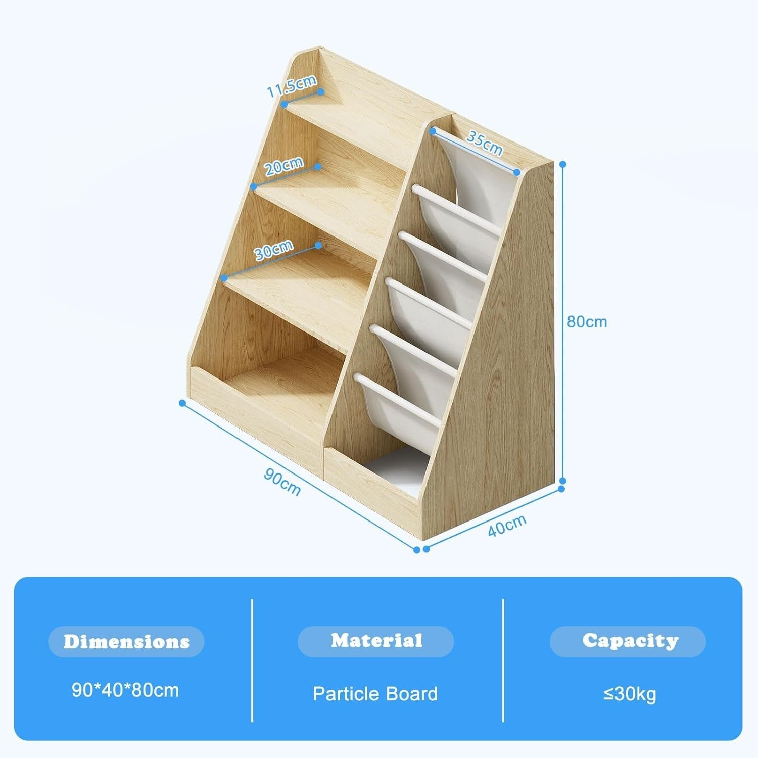 Kids Bookcase with 5 Sling Pockets & 4 Shelves – Wooden Toy & Book Organizer