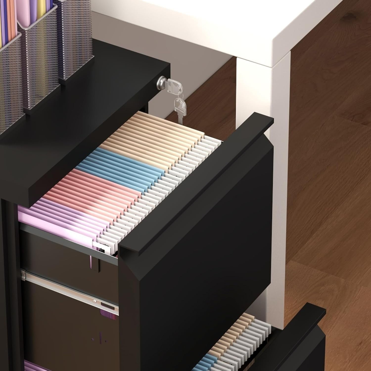 2 Drawer Mobile Filing Cabinet Lockable Steel A4 Letter Office Storage Black