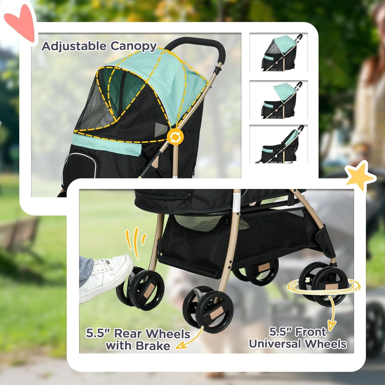 Dog Stroller with Rain Cover Foldable Pet Pushchair Small Dogs Cats