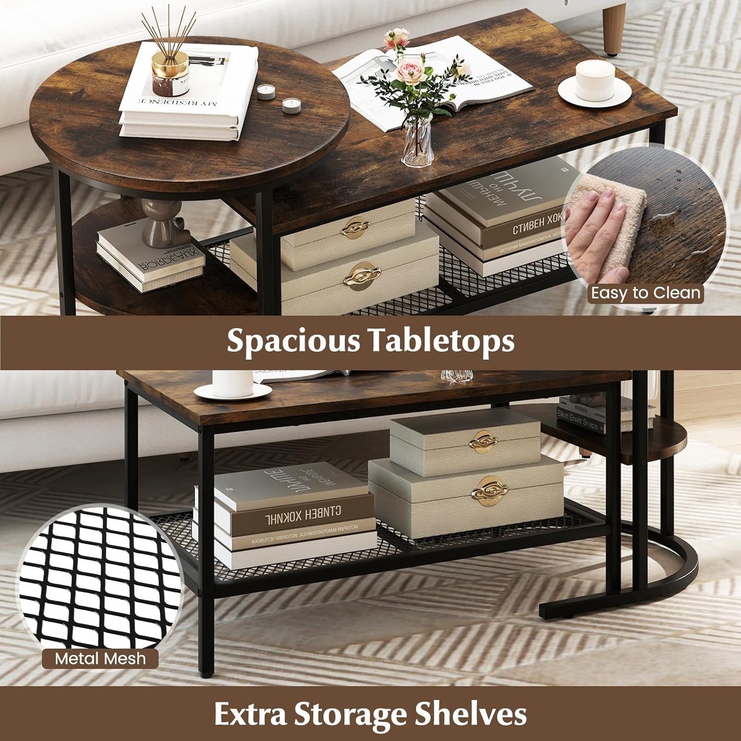Nesting Coffee Table Set 2PCS Black Rustic Brown Faux Marble End Tables