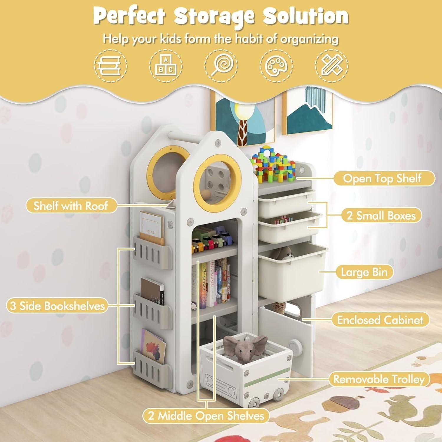 Kids Toy Storage Unit with Bins Drawers Cabinet & Bookshelves House Shape