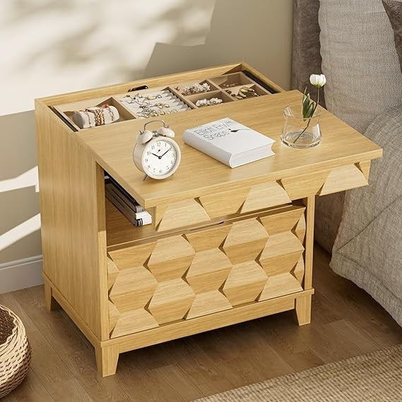 Modern Bedside Table with Hidden Locking Drawer, 3D Fluted Design, Natural Night