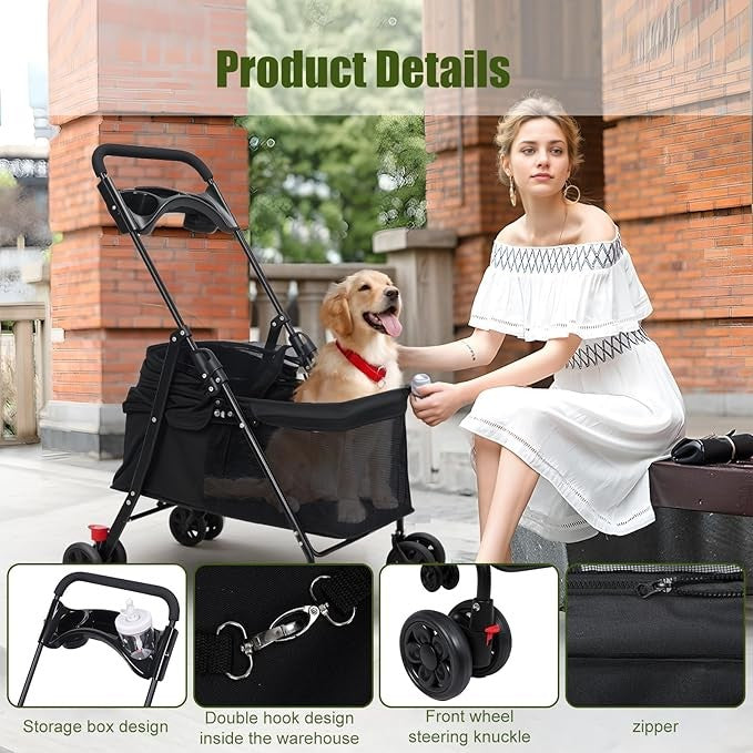 Dog Stroller Foldable Pet Pram 4 Wheel Travel Pushchair with Cup Holder
