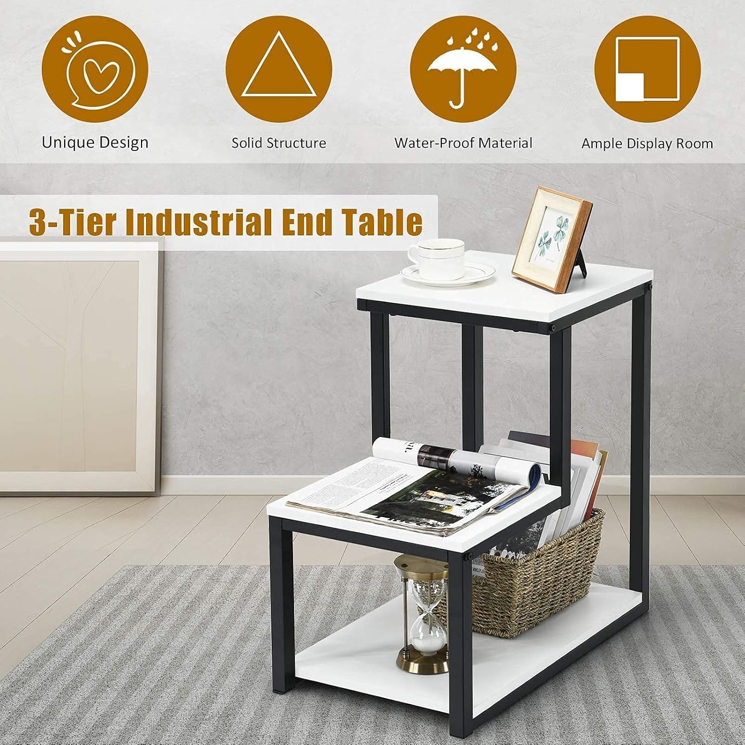 Modern 3-Tier Ladder Side Table with Storage Shelf – Slim Metal Frame Bedside Un