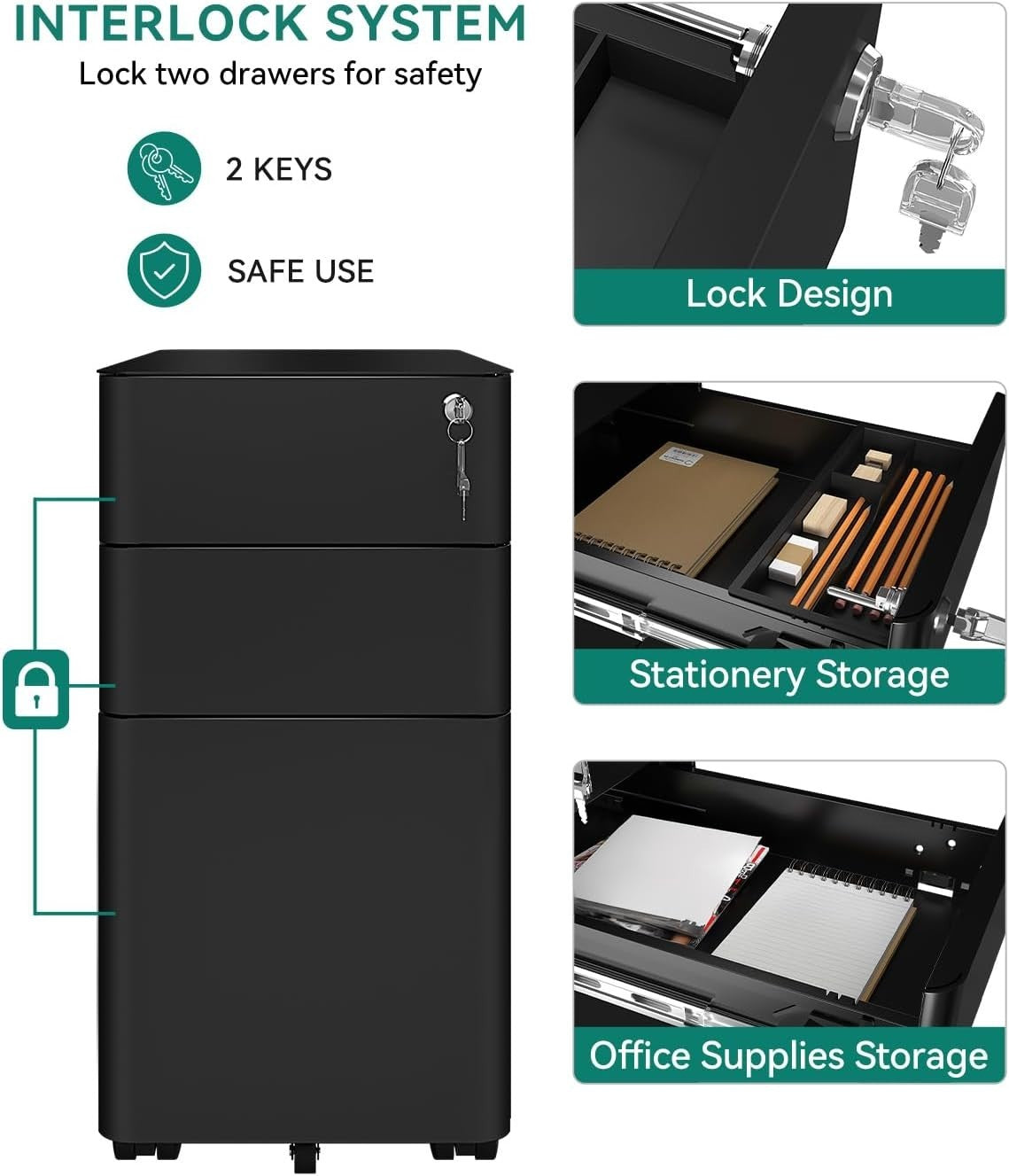 3 Drawer Mobile Filing Cabinet Lockable Steel A4 Letter Under Desk Black