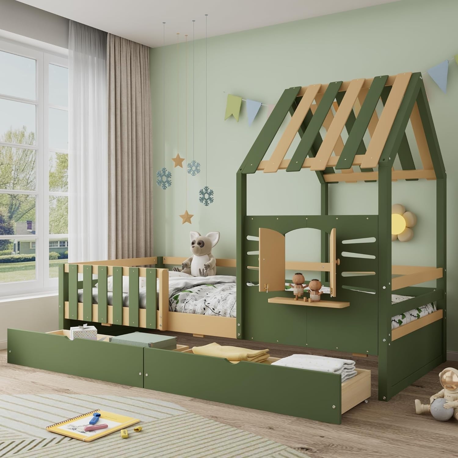 Kids Cabin Bed w/ Drawers 3FT Single Frame Pine House Style Safety Guard