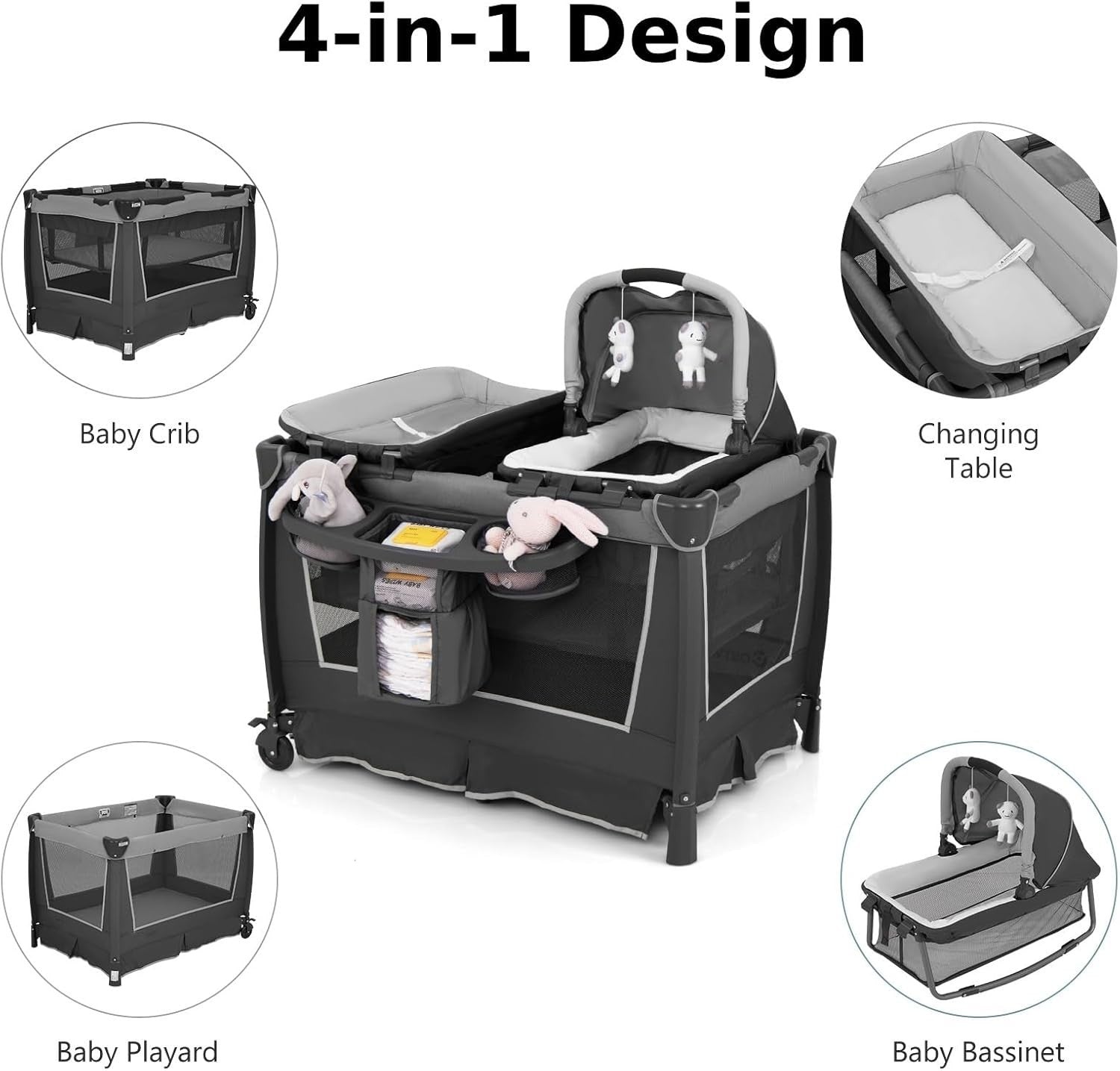 4in1 Baby Travel Cot with Bassinet Changing Table Playpen Wheels & Storage Grey