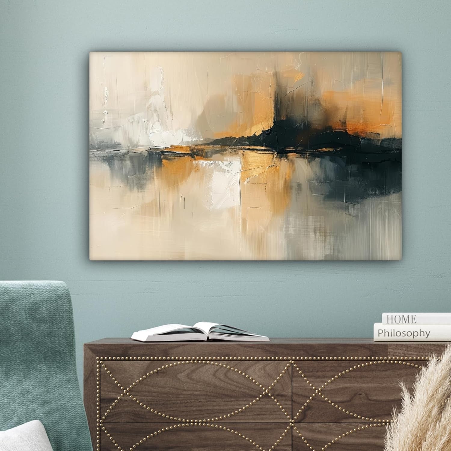 Abstract Black Beige Canvas Wall Art 60x40cm Framed Modern