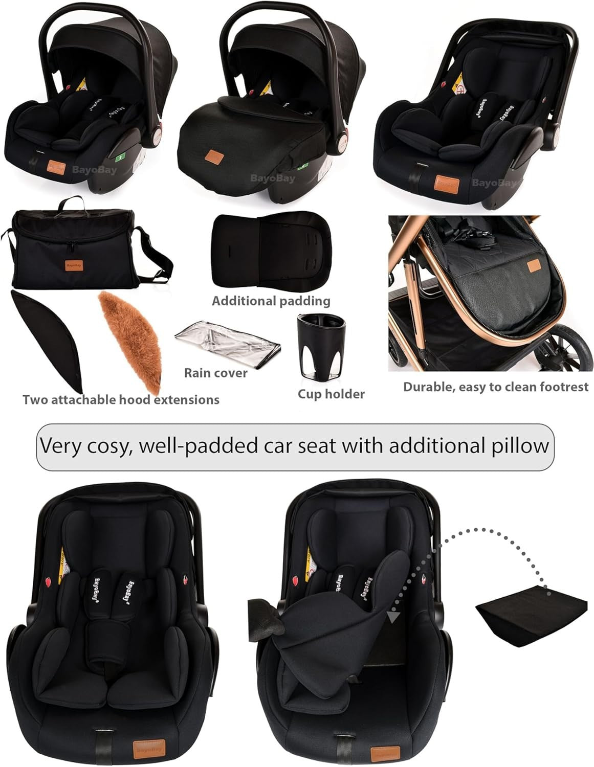Luxury 3 in 1 Baby Pram Pushchair Car Seat Travel System 22kg Black Gold