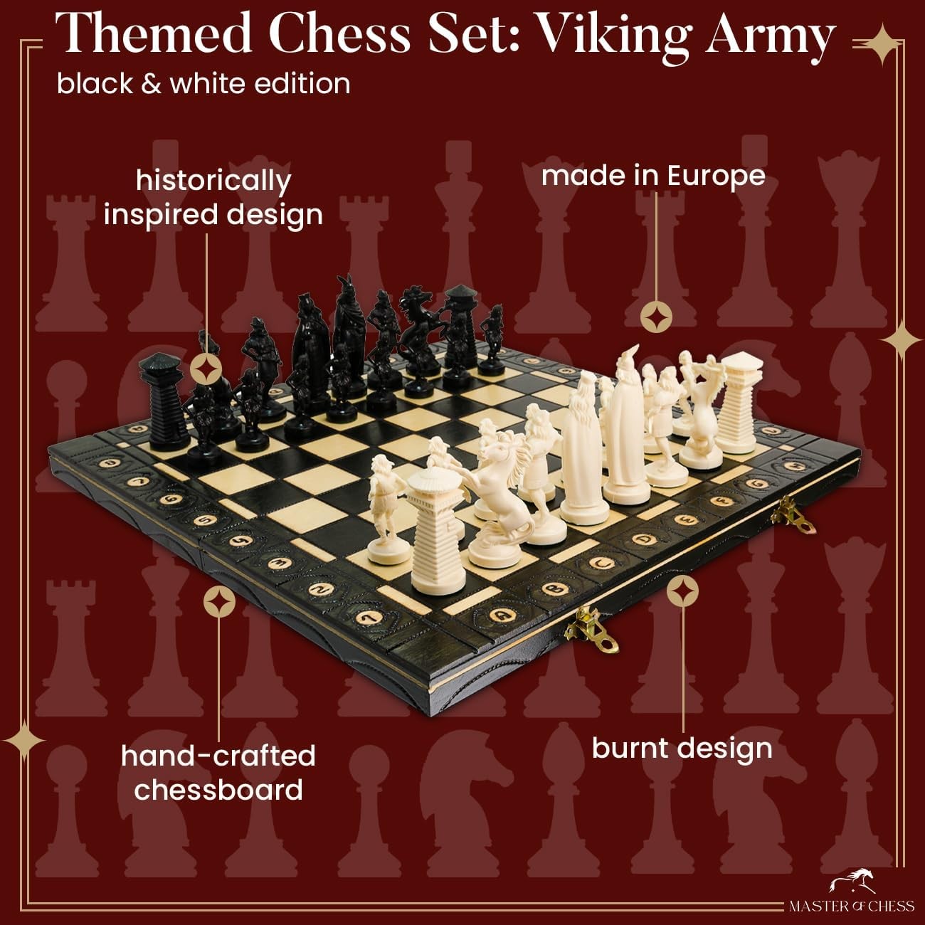 16" Viking Medieval Chess Set Weighted Pieces & Engraved Folding Board