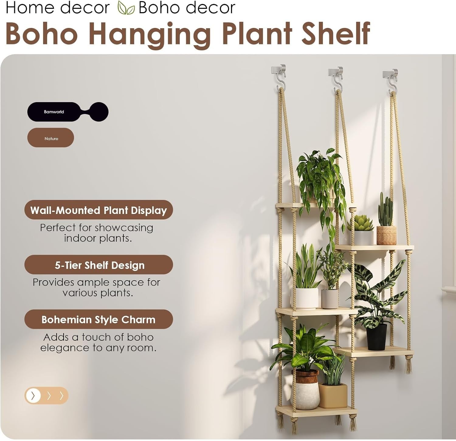 5-Tier Boho Hanging Window Plant Shelf Wooden Indoor Decor