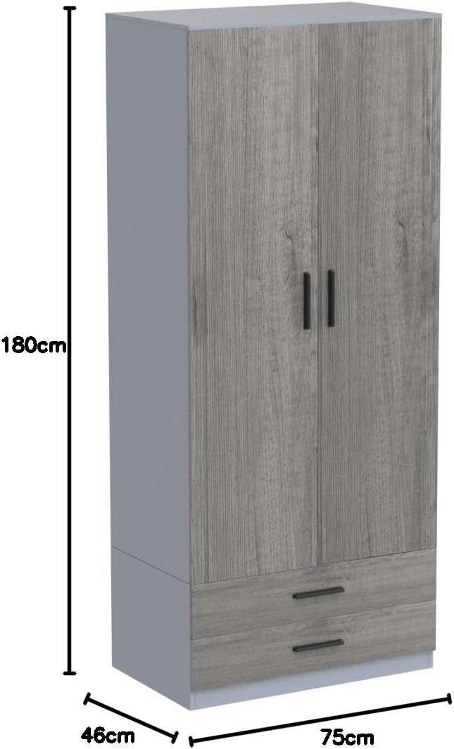 Grey 2 Door Wardrobe With Drawers & Rail | Tall Bedroom Storage Unit