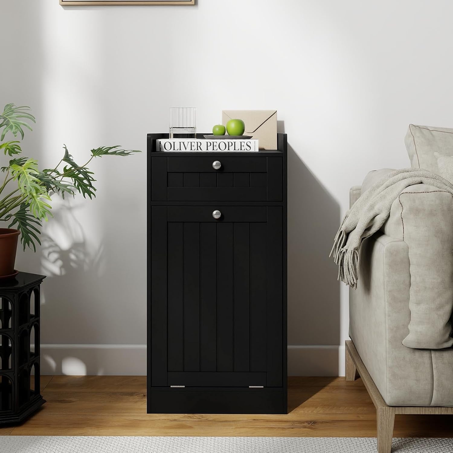 Black Tilt-Out Laundry Cabinet with Drawer & Removable Liner Modern Bathroom Sto