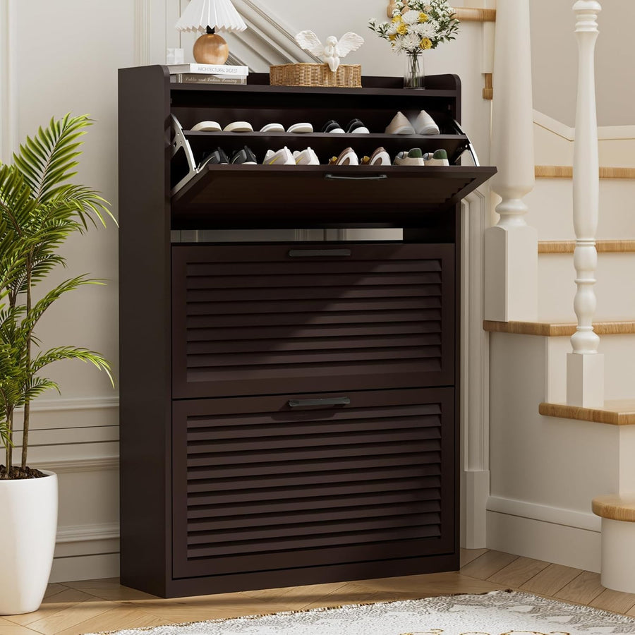 Slim Wooden Shoe Cabinet 3-Door Flip Storage Adjustable Dividers Coffee
