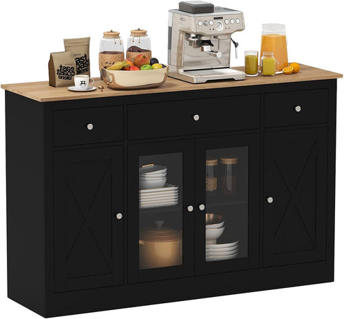140cm Black Buffet Sideboard Cabinet 3 Drawers 2 Glass Doors Adjustable Shelves