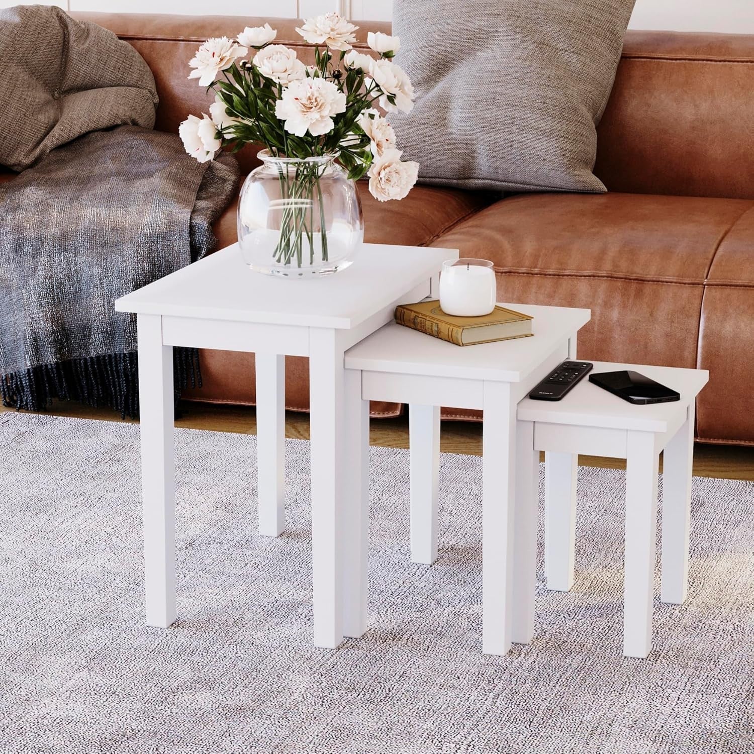 White Nesting Tables Set of 3 Modern Side End Coffee Table Wood Metal Frame