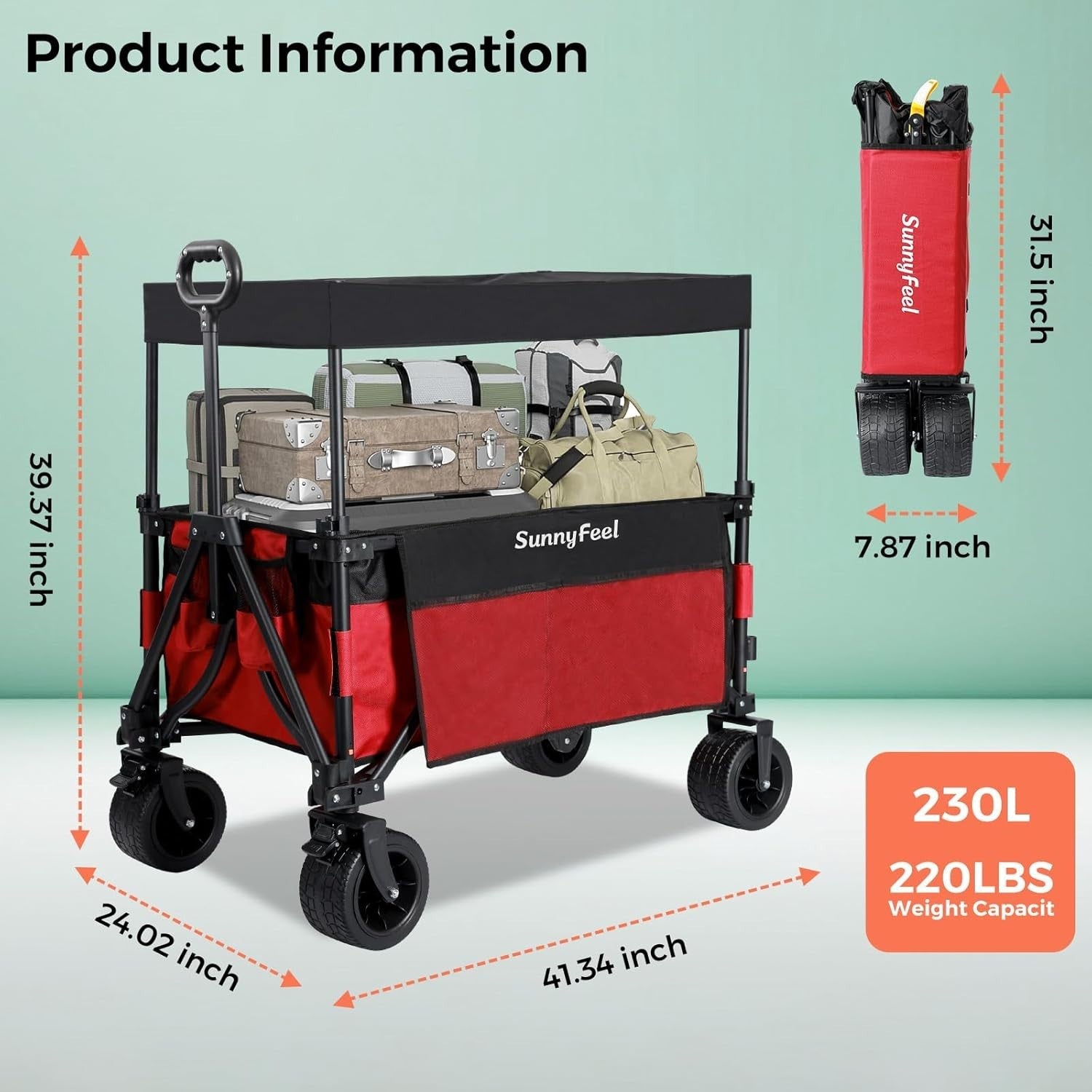 3 in 1 Collapsible Wagon 230L Cart 220lb Load Canopy All Terrain Wheels Red