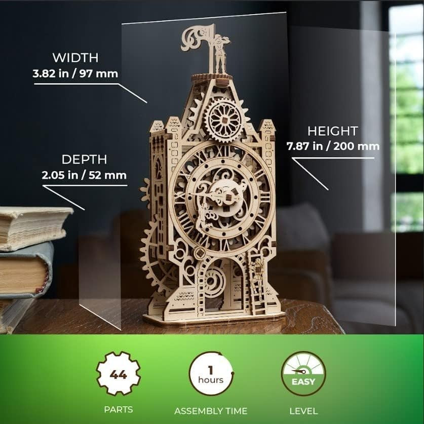 3D Wooden Puzzle Clock Tower Kit – Mechanical Moving Parts, DIY Build Gift