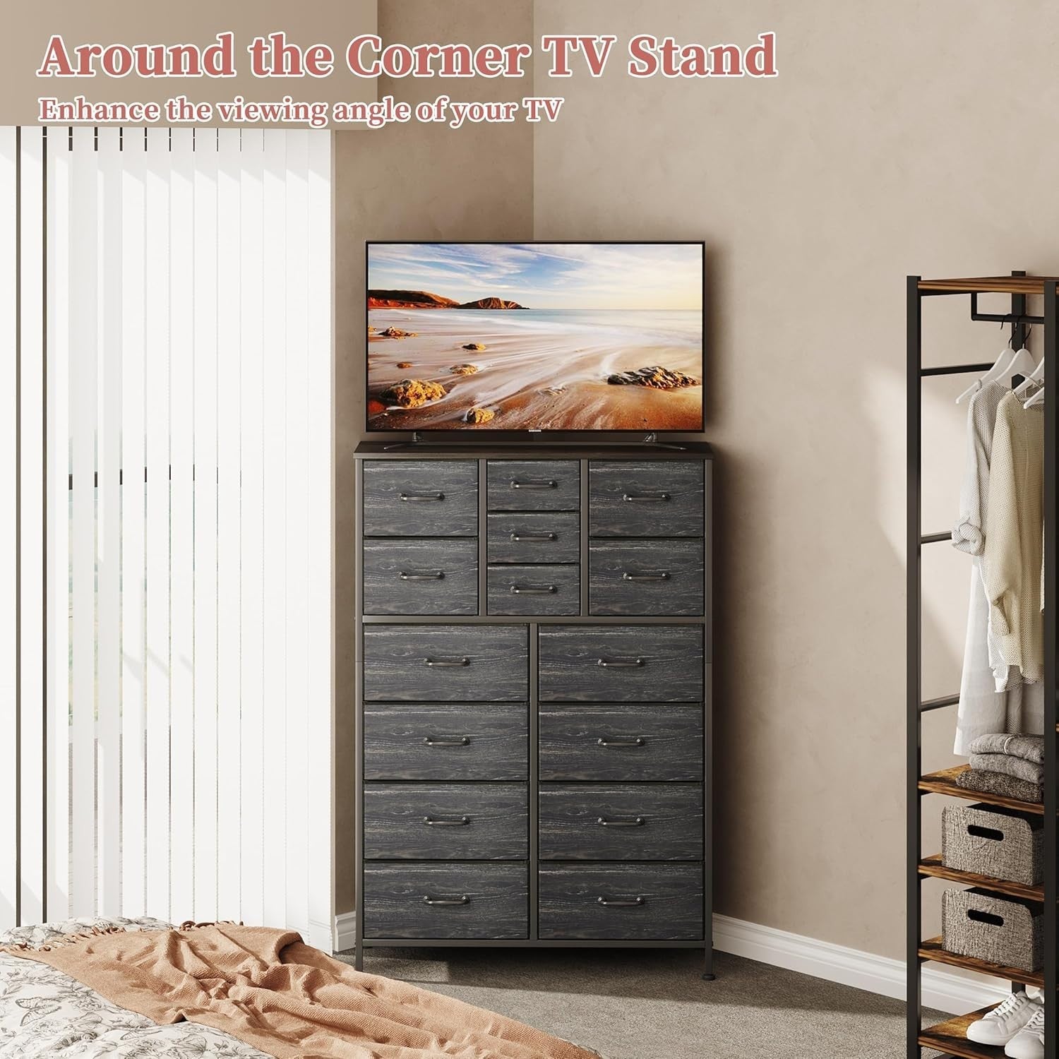 15 Drawer Fabric Chest Storage Unit Tall Dresser Wood Top Black Slim