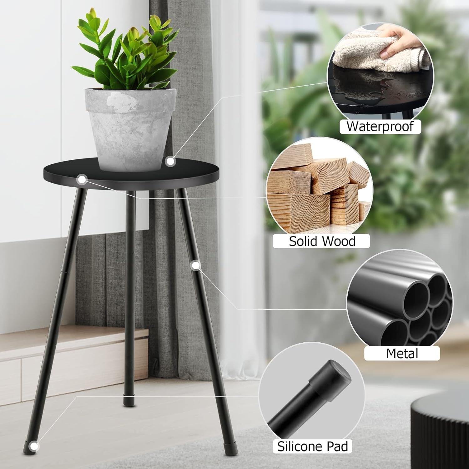 Tall Black Metal Plant Stand Indoor Round Wood Table for Flower Pots Modern Deco