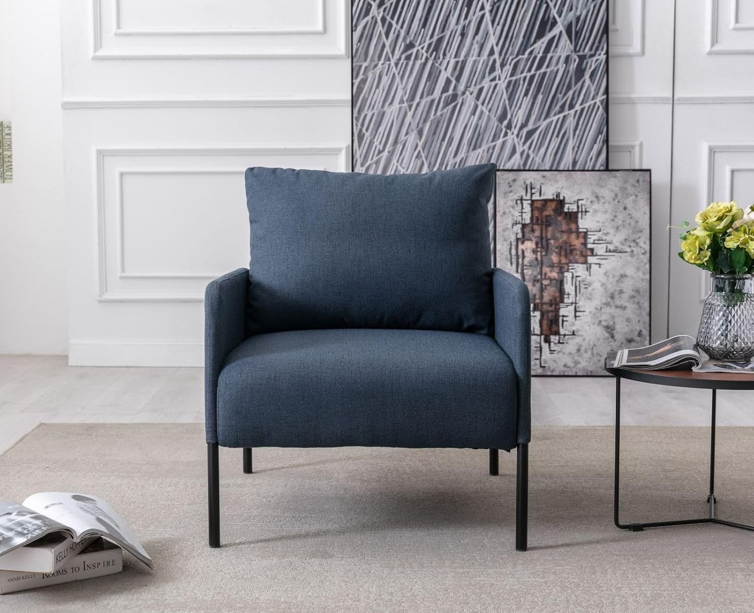 Modern Accent Armchair Blue Linen Lounge Chair Metal Legs Sofa