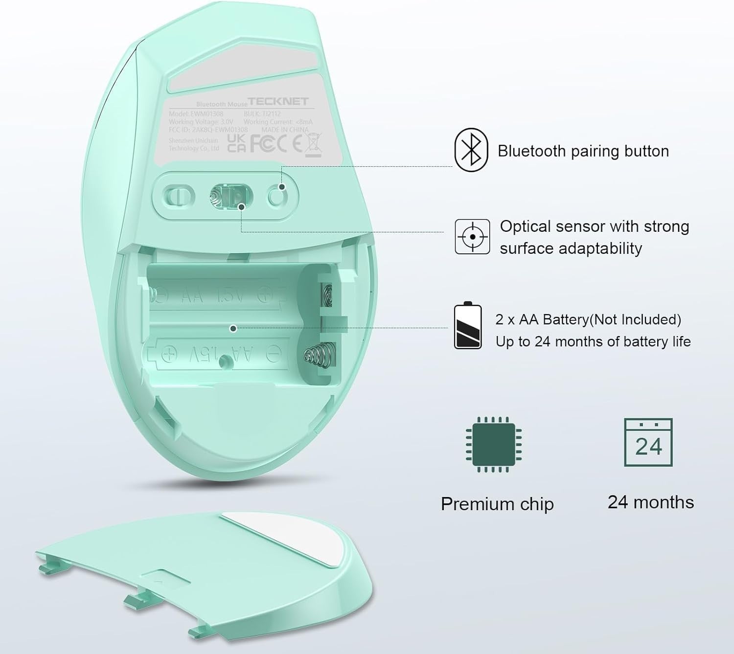 Wireless Bluetooth Mouse 4800DPI Silent Ergonomic Long Battery Light Green