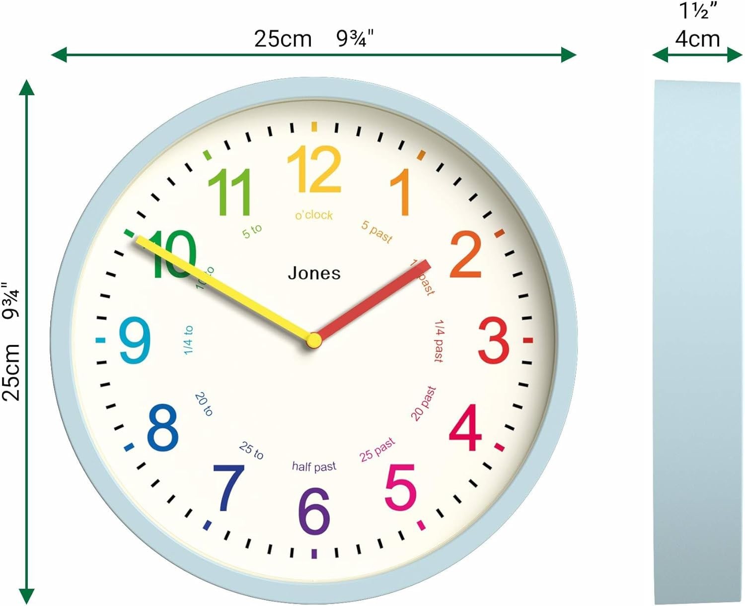 25cm Kids Wall Clock Blue – Silent Non-Ticking Colourful Numbers Learn Time