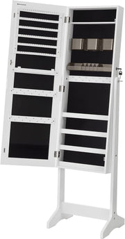 White Lockable Jewelry Cabinet Mirror Freestanding Storage Organizer