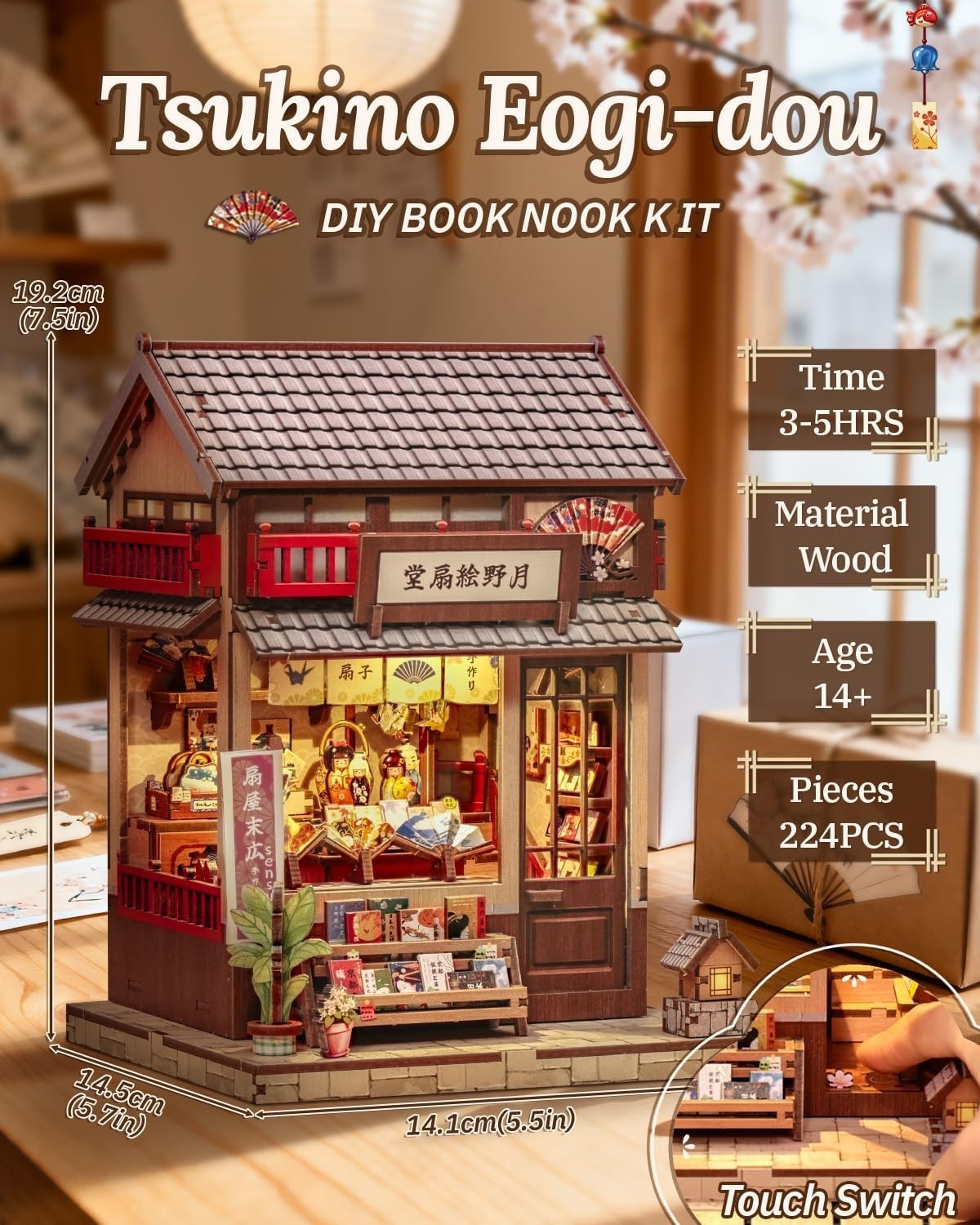 DIY Book Nook Kit Japanese Fan House LED Miniature Bookend Decor