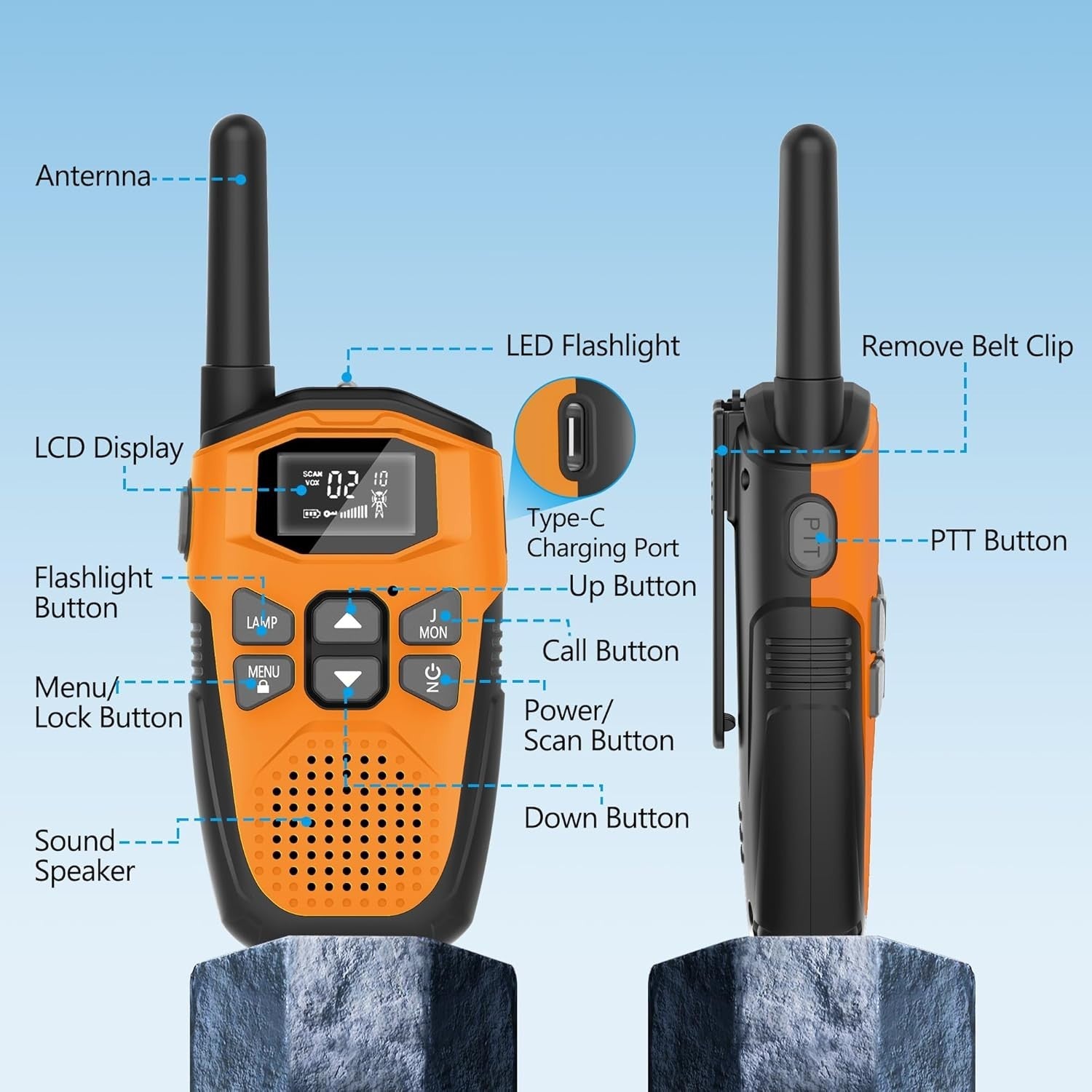 4 Pack Rechargeable Walkie Talkies Long Range 16CH VOX Type-C Flashlight