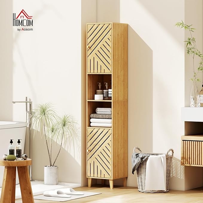 Slim Tall Bathroom Cabinet with Bamboo Doors, Adjustable Shelves, Modern