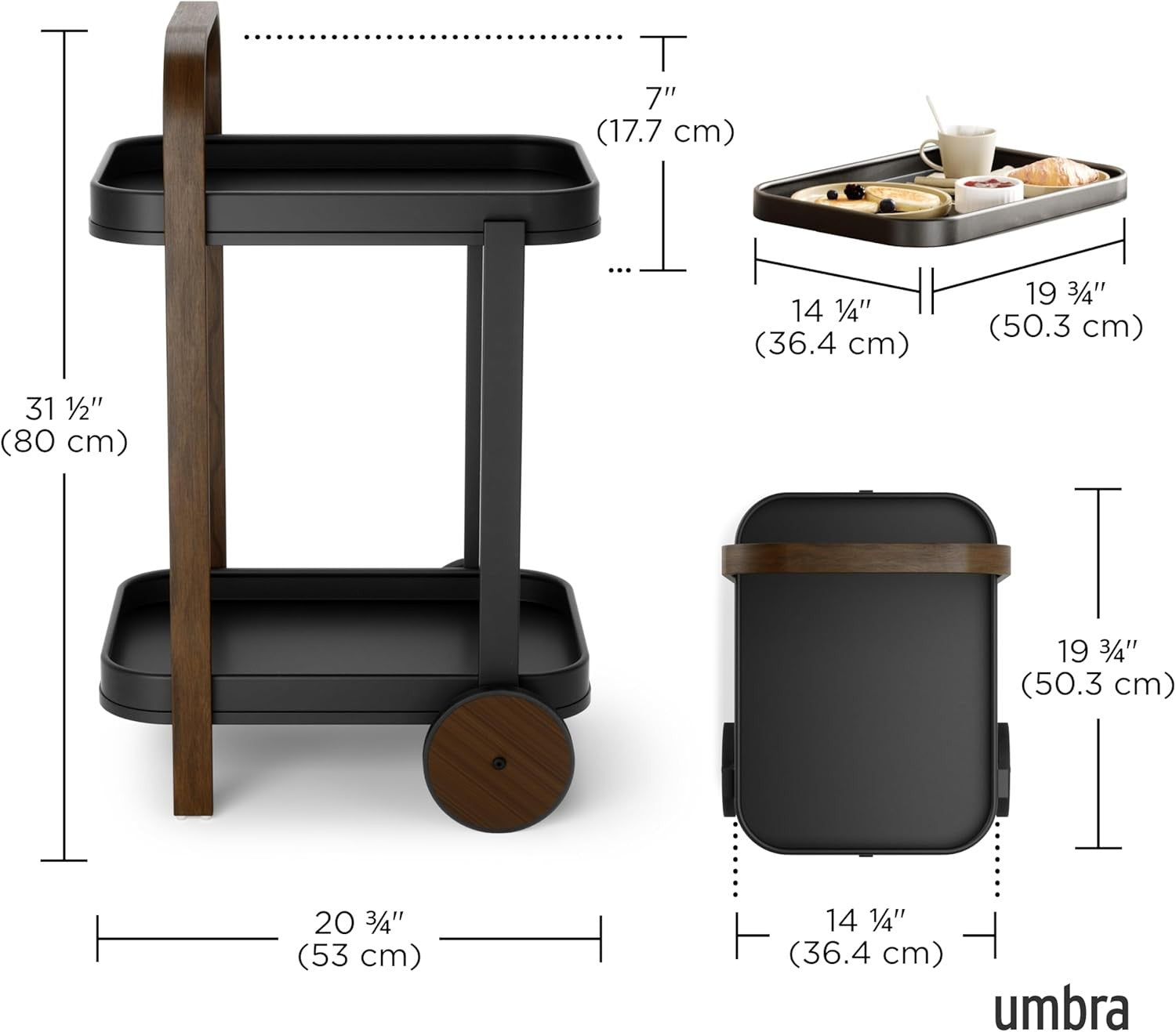 Luxury Bar Cart on Wheels 2 Tier Wooden Serving Trolley with Removable Tray