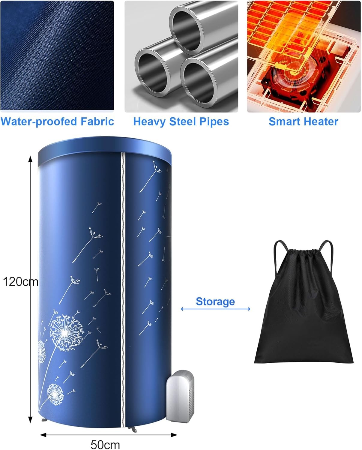 Portable Electric Heated Clothes Airer 1000W With Cover Indoor Travel Dryer