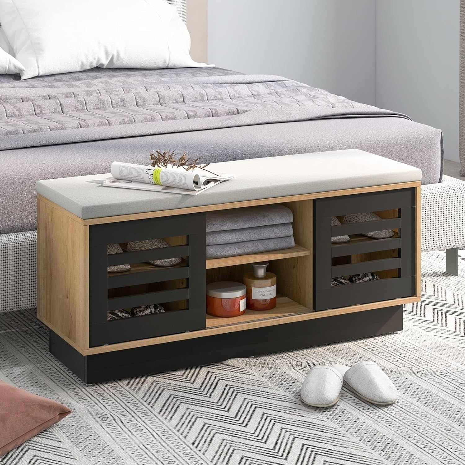 2-Tier Shoe Storage Bench with Cushion, 6 Compartments & Sliding Doors