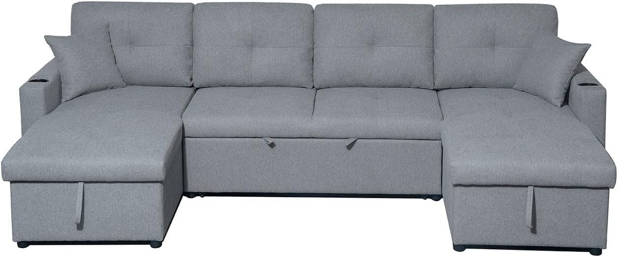 Grey Fabric U-Shaped 4 Seater Sofa Bed with Storage Ottoman & Pull-Out