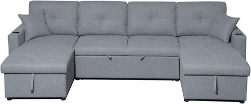 Grey Fabric U-Shaped 4 Seater Sofa Bed with Storage Ottoman & Pull-Out