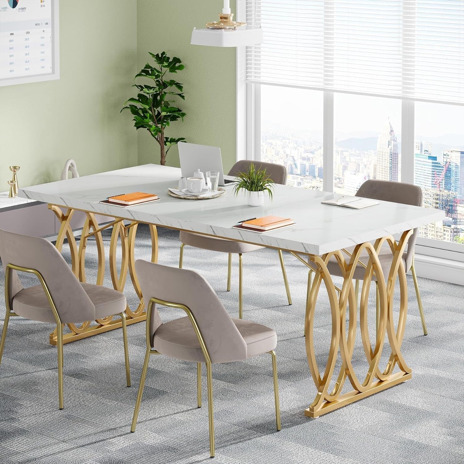 White & Gold Executive Desk 160cm – Large Modern Office Table w/ Storage