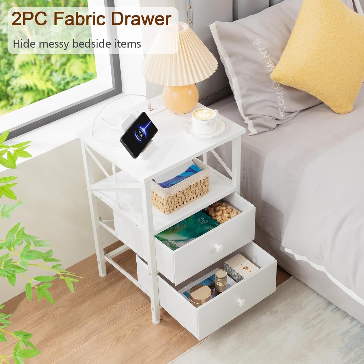 Set of 2 White Bedside Tables with USB Ports & Fabric Drawers