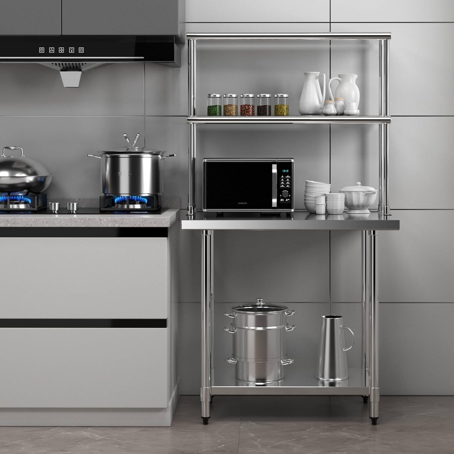 Stainless Steel Overshelf 92x30x85cm 2-Tier Adjustable Prep Table Heavy Duty