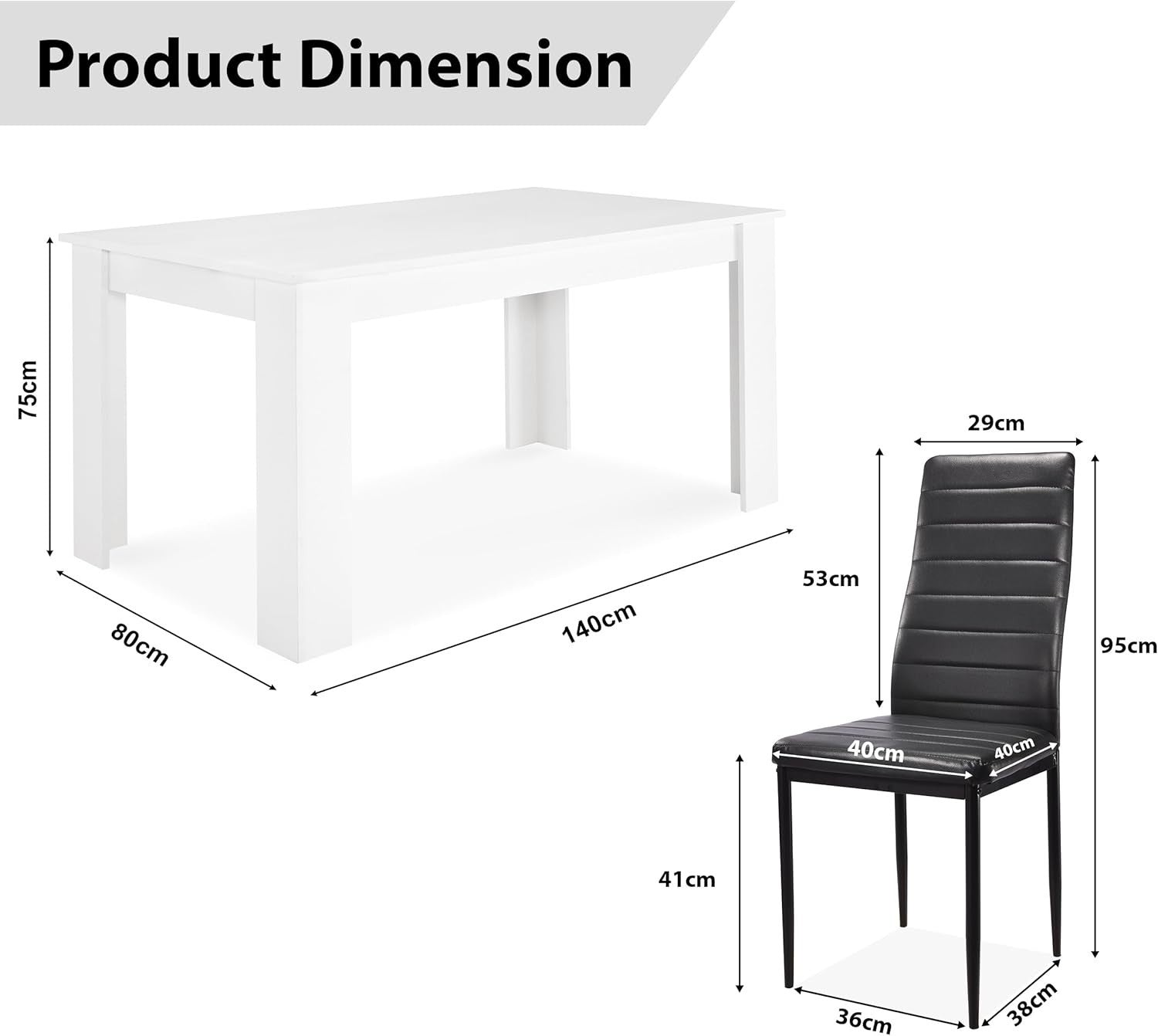 6 Seater White Dining Table Set with Black PU Chairs Modern 140cm